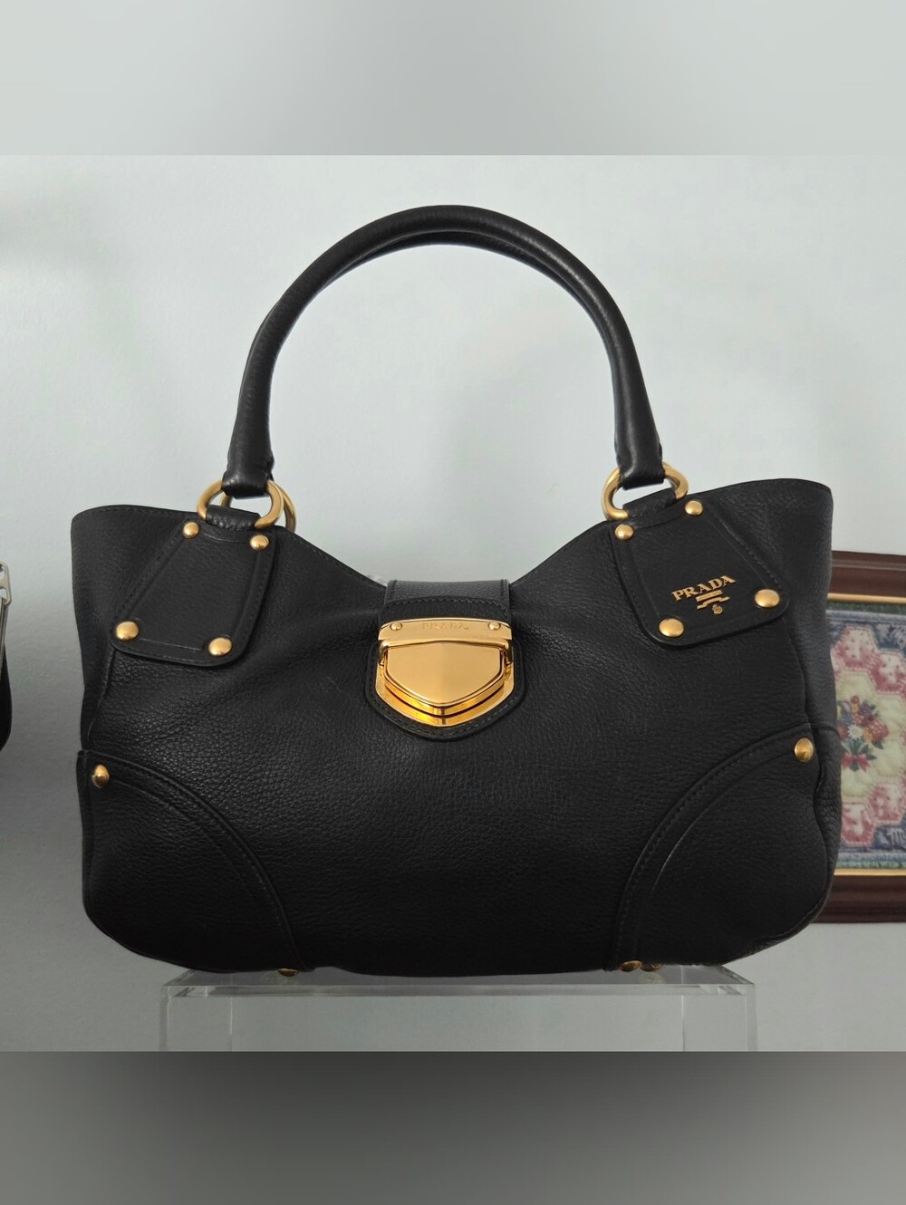Prada Black Vitello Daino Leather Push-Lock Tote Bag Gold Hardware